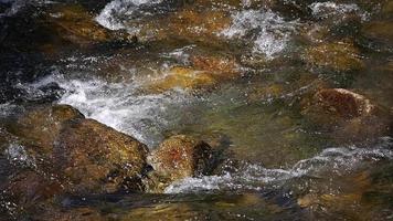 Clear river water flows between rocks in slow motion video