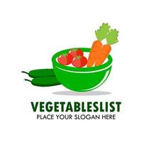 Ilustración de plantilla de diseño de logotipo de lista de verduras. hay tomate, pepino y zanahoria. vector