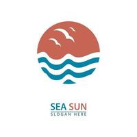 sea waves sun and seagulls tourist logo icon vector