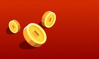 Chinese new year background template Illustrations with red pattern and three gold money coins vector