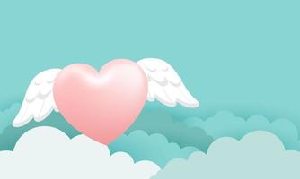 Love Happy Valentine's day background illustration. Beautiful Turquoise background with realistic big flying heart and wings vector
