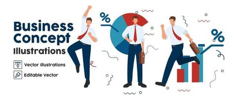 Business Concept illustrations. set Collection of scenes with men taking part in business analysis activities. Vector illustration