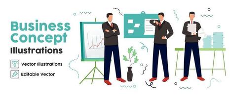 Business Concept illustrations. set Collection of scenes with men taking part in business activities. Vector illustration