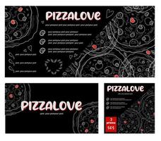 pancarta para publicidad de pizza. menú de pizzas descuento de volante de pizzería. diseño moderno y oscuro para medios sociales e impresos vector