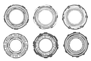 HUD futuristic elements. Abstract optical aim. Circle geometric shapes for virtual interface and games. Camera viewfinder for sniper weapon. Vector set