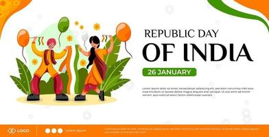 Republic day celebration horizontal banner template. Indian Man and woman celebrate with dancing together vector