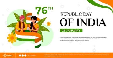 Republic day celebration horizontal banner template. Indian Man and woman greeting illustration vector