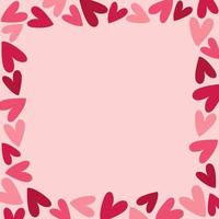 Square frame with pink and red hearts on pink background. Hand drawn doodle style vector