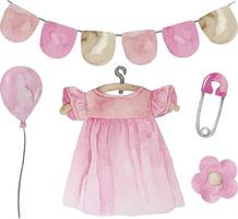 Watercolor set of baby girl pink elements with pacifier, baby dress, pin and balloon illustration. Its a girl set vector