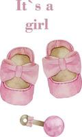 Watercolor baby girl shower set. Its a girl theme with shoes. Its a girl illustration vector