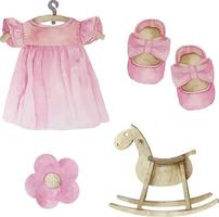 Watercolor set of baby girl pink elements with rocking horse, pacifier, baby shoes and dress illustration. Its a girl set vector