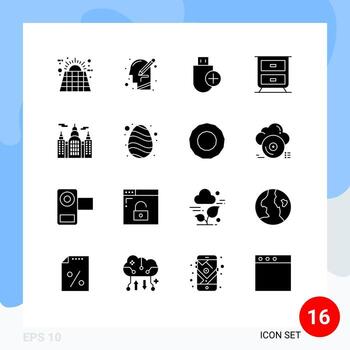 Group of 16 Modern Solid Glyphs Set for building drawer thinking stick devices Editable Vector Design Elements