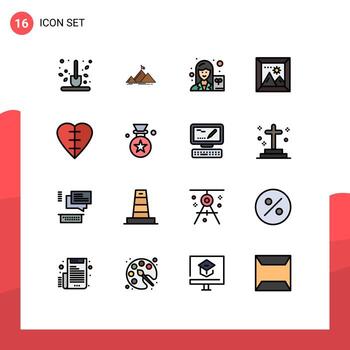 Editable Vector Line Pack of 16 Simple Flat Color Filled Lines of heart picture flag photo writer Editable Creative Vector Design Elements