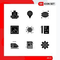 Group of 9 Modern Solid Glyphs Set for mind photo pin image dumplings Editable Vector Design Elements