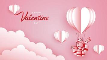 Happy Valentine's day with pink sky and paper cut clouds. vector