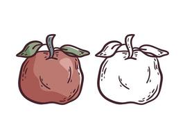 Vector simple doodle illustration. Two variants of the cartoon apple icon, colored and white with black strokes. Design element on a white background.