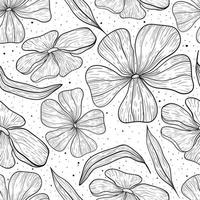 Vector seamless line art pattern. Black and white flower buds with large petals and leaves in an outline style. Doodle background with specks and lines.