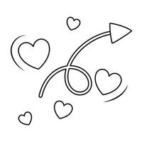 Simple vector black and white icon. Cupid arrow with a curl and flying hearts. Sticker for Valentine Day, representing love, relationships, marriage.