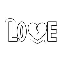 Vector isolated illustration on white background. The word love is written in large, wide letters. Broken heart icon. A crack as a symbol of a break, an end to a relationship.