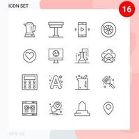 Universal Icon Symbols Group of 16 Modern Outlines of heart vehicles table tire speaker Editable Vector Design Elements