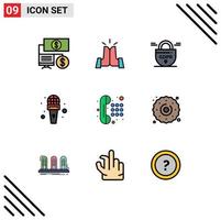 Group of 9 Modern Filledline Flat Colors Set for telephone communication gdpr reporter microphone Editable Vector Design Elements