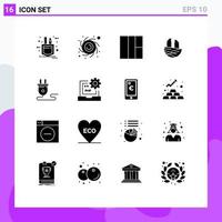 16 User Interface Solid Glyph Pack of modern Signs and Symbols of code plug wireframe energy spring Editable Vector Design Elements