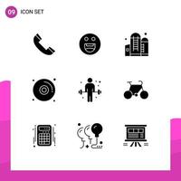 Group of 9 Modern Solid Glyphs Set for weightlifting exercise container dumbbell disk Editable Vector Design Elements