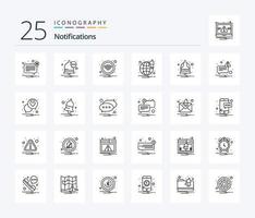 Notifications 25 Line icon pack including notify. bell. technology. website. browser vector