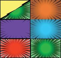 Comic book colorful frames background with halftone rays radial and dotted effects pop art style vector