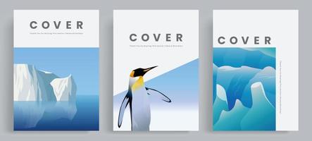 Minimalist nature theme books cover template collection. With Antarctic landscape vector illustration, glacier, penguin and iceberg.