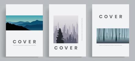 Minimalist nature theme books cover template collection. With vector images of mountains, pine forest and misty forest.