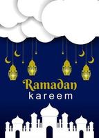 Ramadan fasting month greeting card design, Islamic poster design with lanterns, clouds and mosques vector