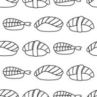 Japanese sushi pattern in doodle style. Asian food for restaurants menu vector