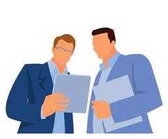 Interactive collaborations with the help of wireless technology. Shot of two businessmen using a digital tablet together at work vector