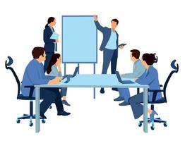 Diverse company employees having online business conference video call on tv screen monitor in board meeting room. Videoconference presentation, global virtual group corporate training concept. vector