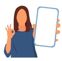 hermosa mujer sosteniendo una maqueta de teléfono inteligente de pantalla en blanco y muestra el signo de ok en fondo gris vector