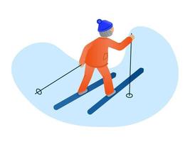 Elderly winter sport Vector Illustration. Pensioner skiing in winter. Grandmother health.