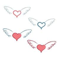 Flying Hearts with wings set blue, red, pink colors. Vector illustration.