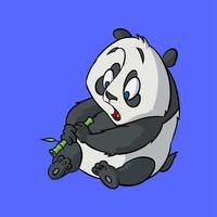 Colored cartoon drawing of a panda. The bear sits and looks at the bamboo. Vector illustration