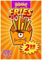 Monster menu with fries. A vertical banner with a price tag for a fast food cafe on Halloween day. Vector illustration.