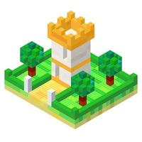 The concept of a tower with a courtyard of multi-colored cubes in isometric style for printing and decoration. Vector illustration.