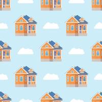 Blue pattern of houses and clouds in cartoon style for print and decoration. Vector illustration.