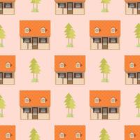 Seamless pattern of house and trees. Vector illustration