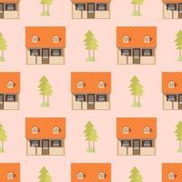 Seamless pattern of house and trees. Vector illustration