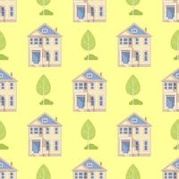 House and birch on the background of grass pattern. Vector clipart