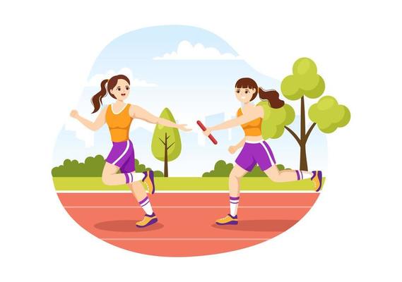 Relay Race Illustration by Passing the Baton to Teammates Until Reaching the Finish Line in a Sports Championship Flat Cartoon Hand Drawing Template