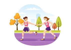 Relay Race Illustration by Passing the Baton to Teammates Until Reaching the Finish Line in a Sports Championship Flat Cartoon Hand Drawing Template vector