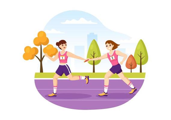 Relay Race Illustration by Passing the Baton to Teammates Until Reaching the Finish Line in a Sports Championship Flat Cartoon Hand Drawing Template