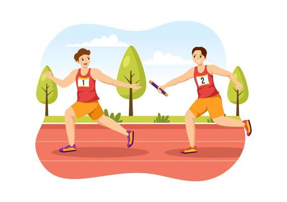 Relay Race Illustration by Passing the Baton to Teammates Until Reaching the Finish Line in a Sports Championship Flat Cartoon Hand Drawing Template