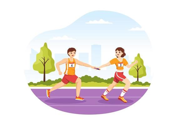 Relay Race Illustration by Passing the Baton to Teammates Until Reaching the Finish Line in a Sports Championship Flat Cartoon Hand Drawing Template